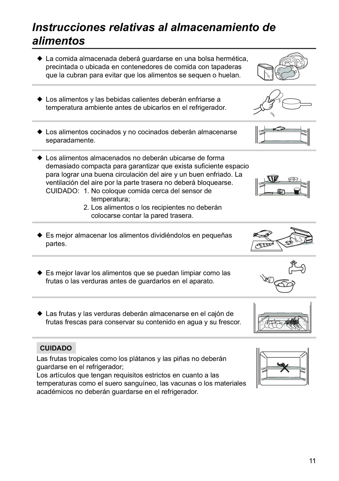 Samsung RL34EGSW2/XES, RL34ECSW1/XES, RL34SCSW2/XES manual Instrucciones relativas al almacenamiento de alimentos, Cuidado 