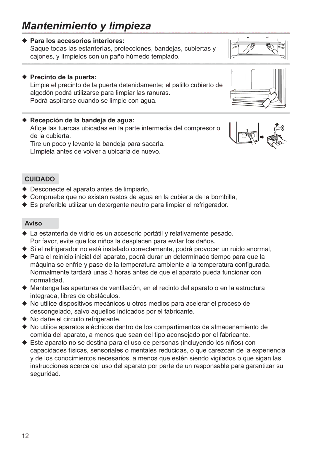 Samsung RL34ECSW1/XES, RL34SCSW2/XES manual Mantenimiento y limpieza, Para los accesorios interiores, Precinto de la puerta 