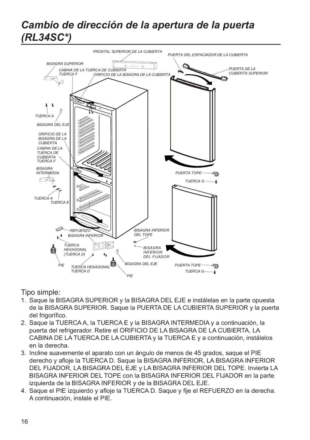 Samsung RL34ECSW1/XES, RL34SCSW2/XES, RL34SCSW1/XES Cambio de dirección de la apertura de la puerta RL34SC, Tipo simple 