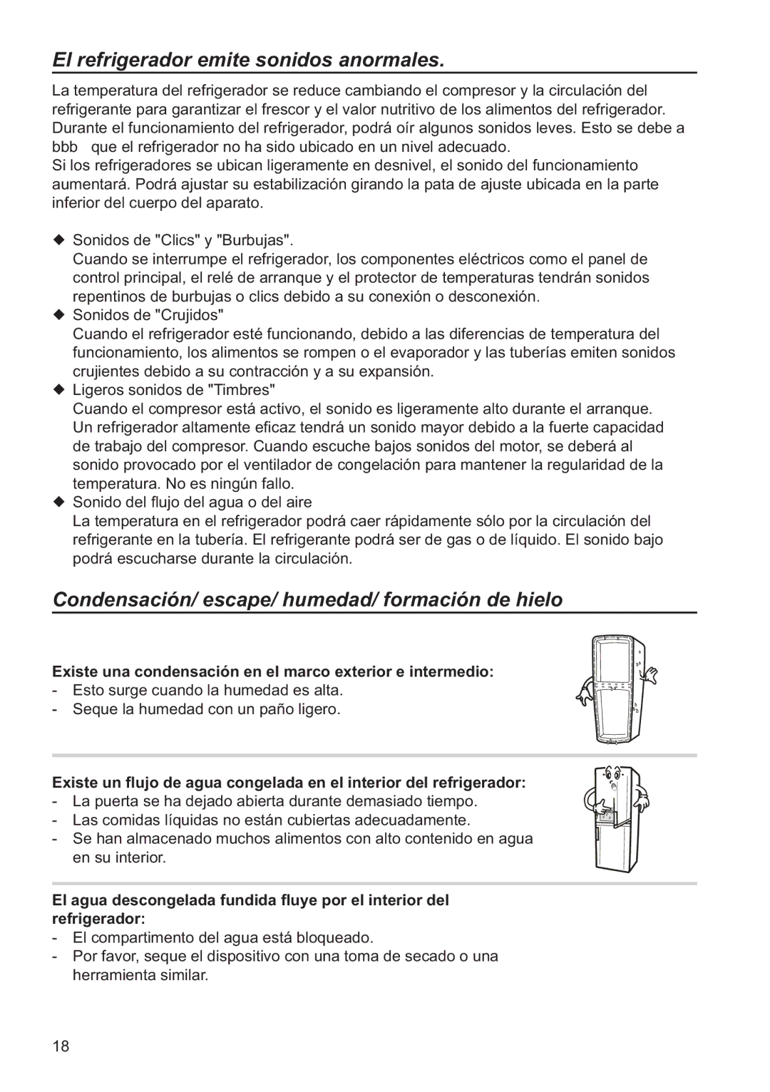 Samsung RL34SCSW1/XES manual El refrigerador emite sonidos anormales, Condensación/ escape/ humedad/ formación de hielo 