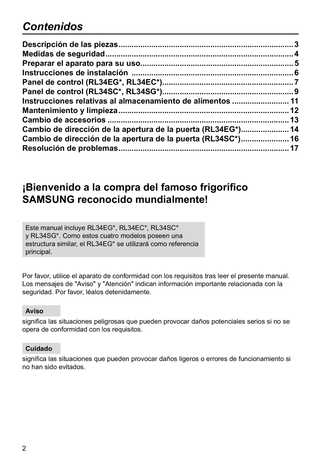 Samsung RL34SCSW1/XES, RL34ECSW1/XES, RL34SCSW2/XES, RL34EGSW2/XES manual Contenidos, Aviso, Cuidado 