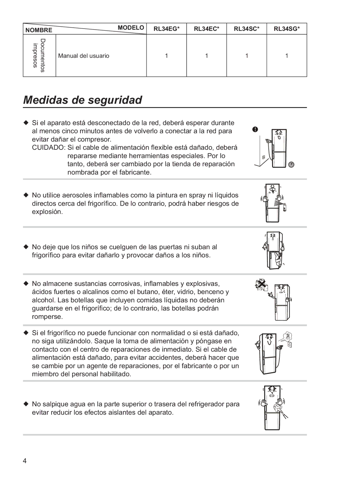 Samsung RL34ECSW1/XES, RL34SCSW2/XES, RL34SCSW1/XES, RL34EGSW2/XES manual Medidas de seguridad 