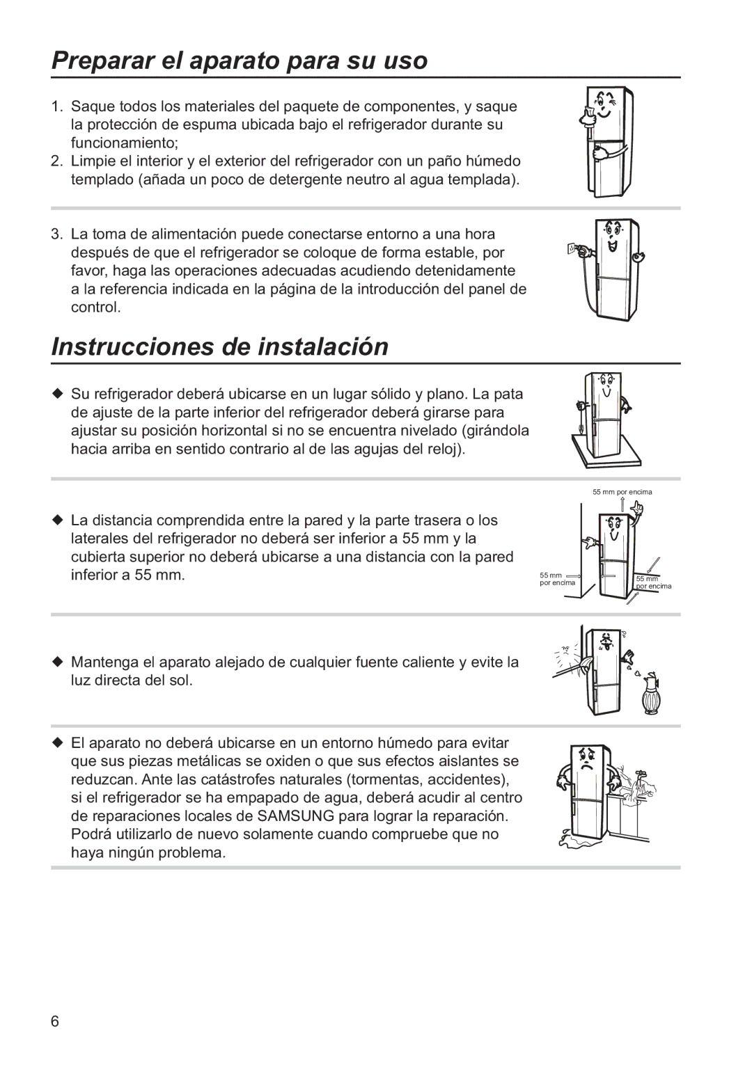 Samsung RL34SCSW1/XES, RL34ECSW1/XES, RL34SCSW2/XES manual Preparar el aparato para su uso, Instrucciones de instalación 