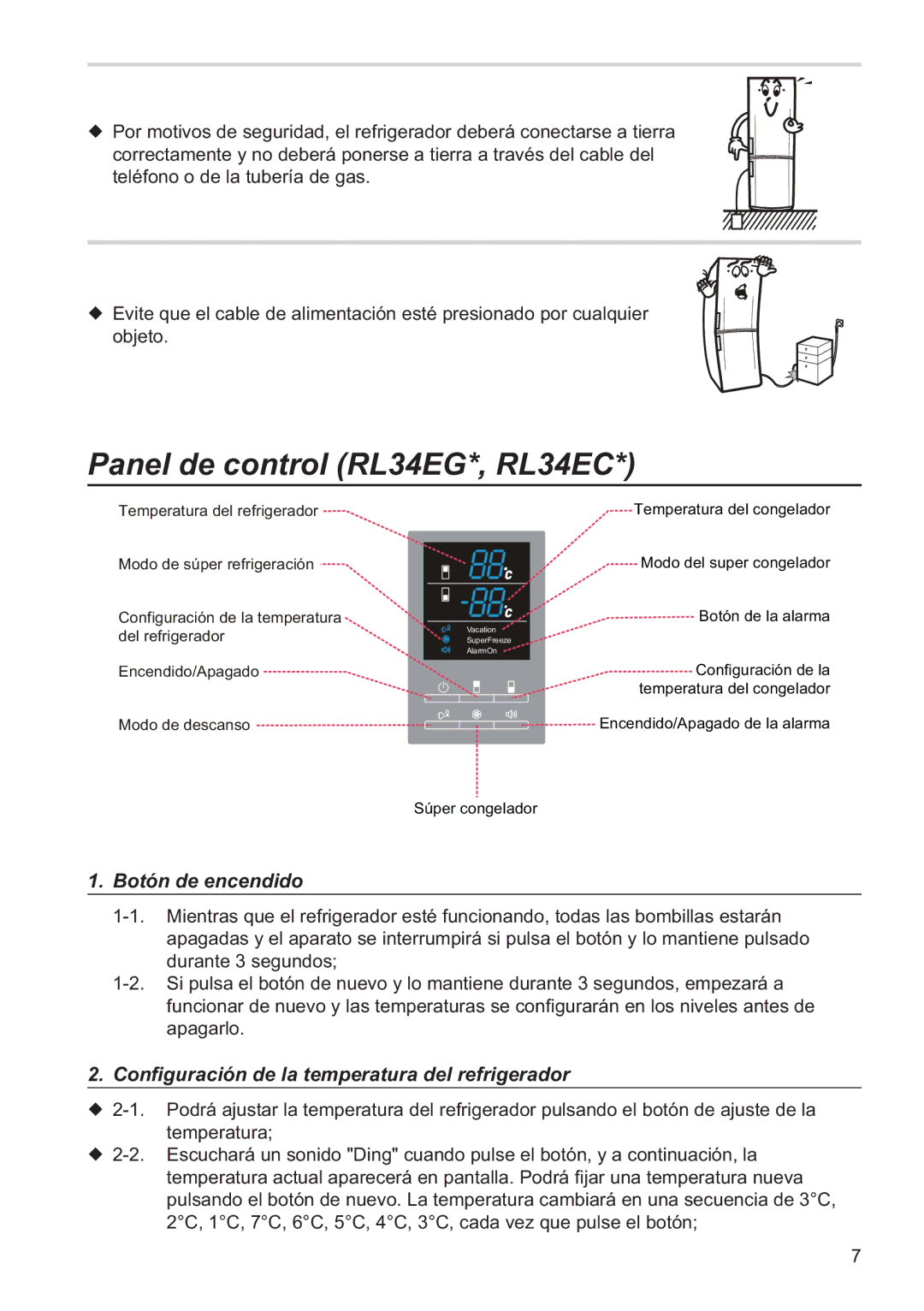 Samsung RL34EGSW2/XES, RL34ECSW1/XES, RL34SCSW2/XES, RL34SCSW1/XES manual Panel de control RL34EG*, RL34EC, Botón de encendido 