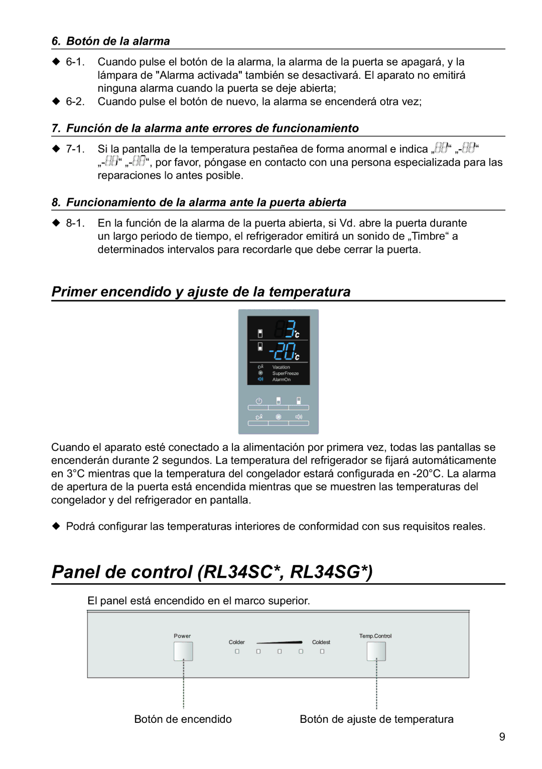 Samsung RL34SCSW2/XES Panel de control RL34SC*, RL34SG, Primer encendido y ajuste de la temperatura, Botón de la alarma 