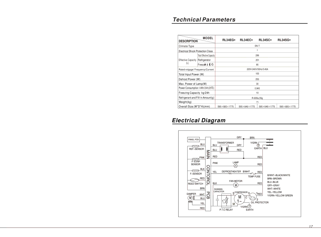 Samsung RL34SG, RL34EG, RL34EC manual Technical Parameters, Electrical Diagram 