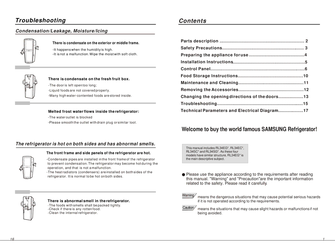 Samsung RL34EC, RL34EG, RL34SG manual Contents 