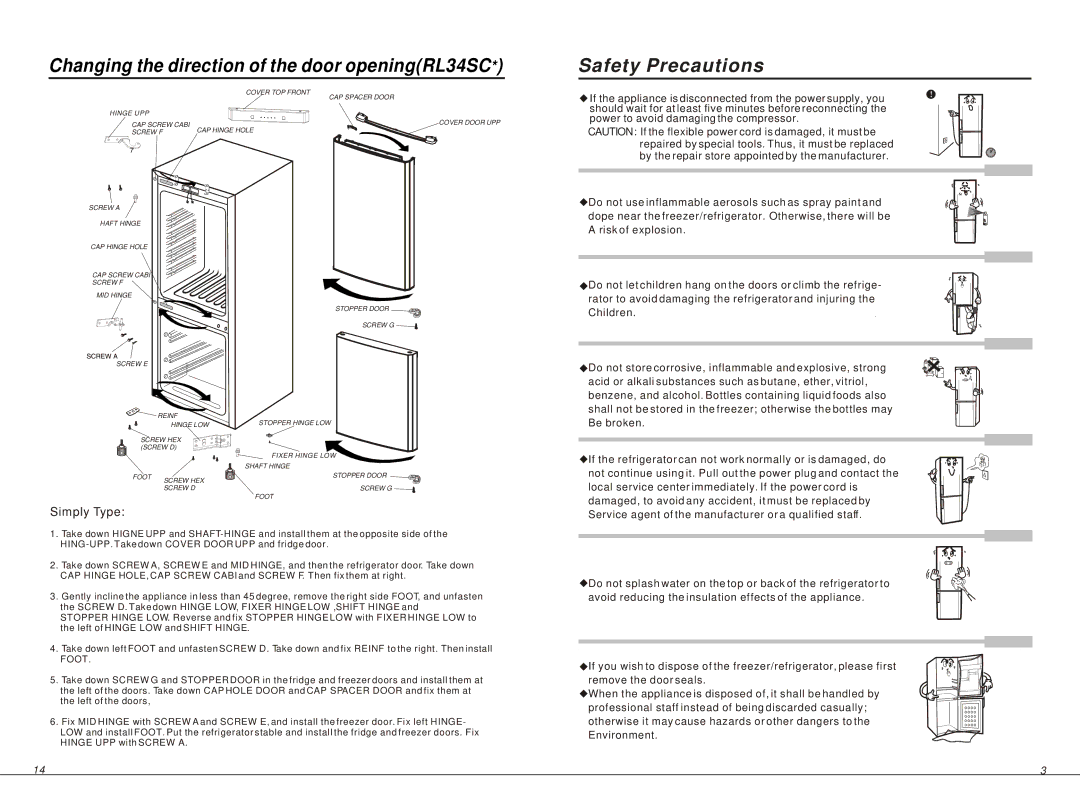 Samsung RL34SG, RL34EG, RL34EC manual Changing the direction of the door openingRL34SC, Safety Precautions 