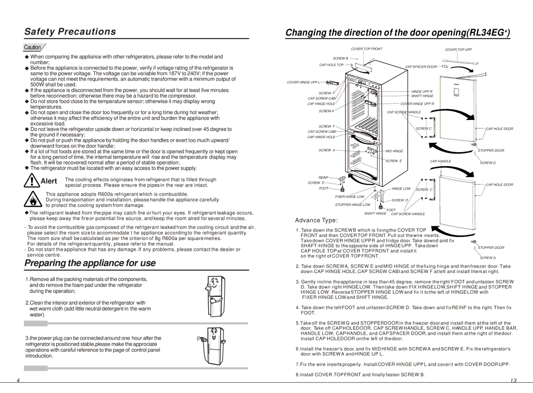 Samsung RL34EC, RL34SG manual Changing the direction of the door openingRL34EG, Preparing the appliance for use 