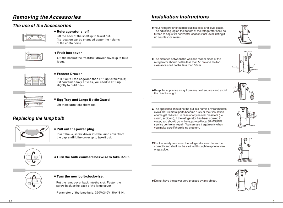 Samsung RL34EG, RL34SG, RL34EC manual Removing the Accessories, Installation Instructions 