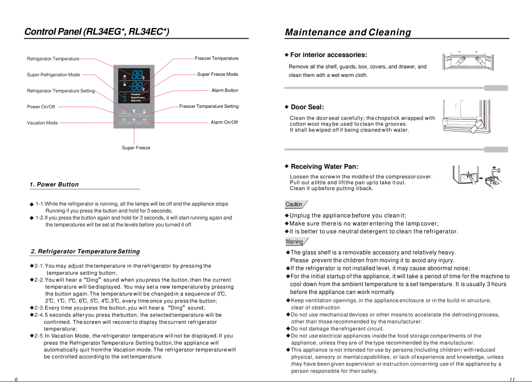 Samsung RL34SG Control Panel RL34EG*, RL34EC, Maintenance and Cleaning, Power Button, Refrigerator Temperature Setting 