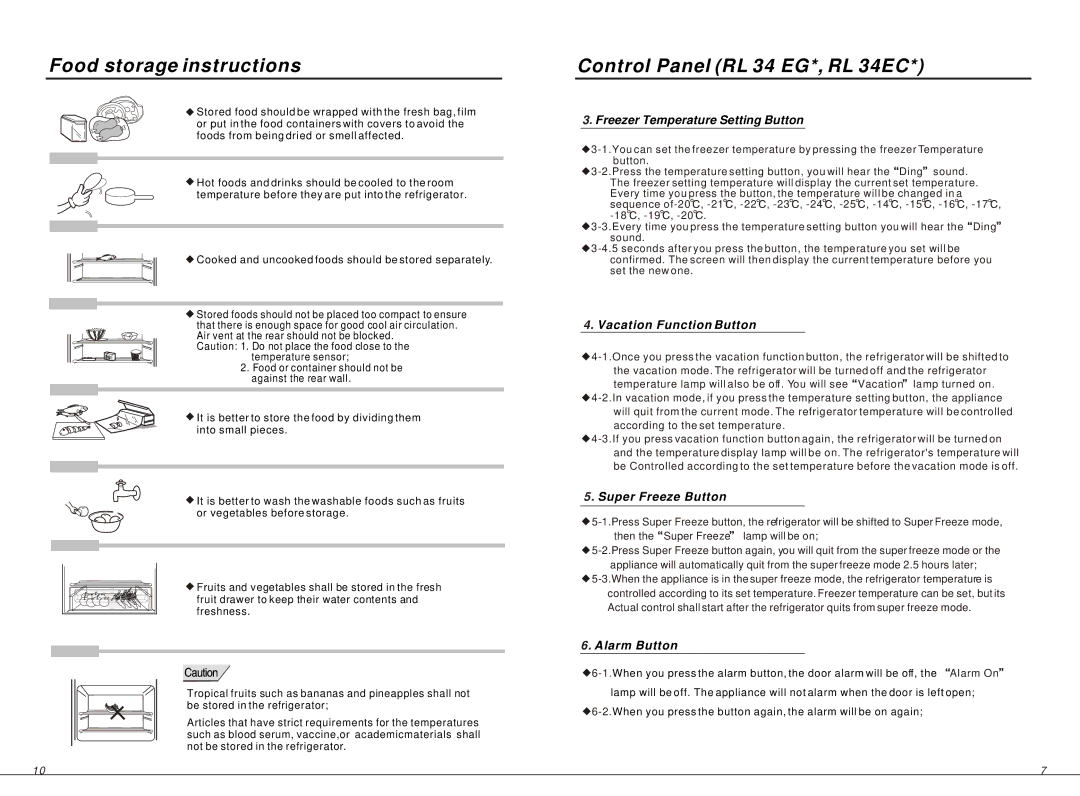 Samsung RL34EC, RL34EG, RL34SG manual Food storage instructions, Control Panel RL 34 EG*, RL 34EC 