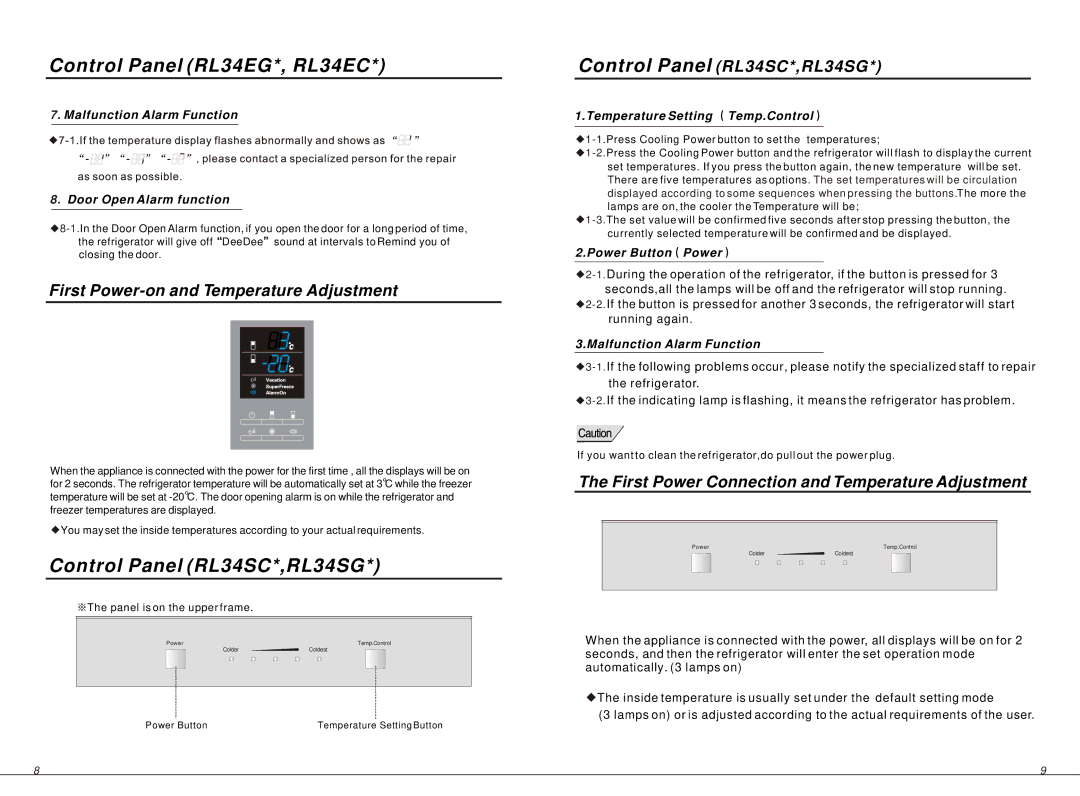 Samsung RL34EG manual Control Panel RL34SC*,RL34SG, Malfunction Alarm Function Door Open Alarm function, Power Button Power 