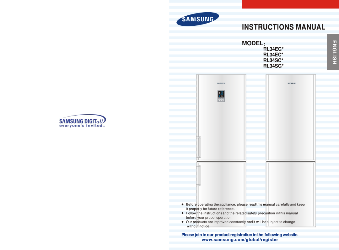 Samsung manual Instructions Manual, Model, RL34EG RL34EC RL34SC RL34SG, English 