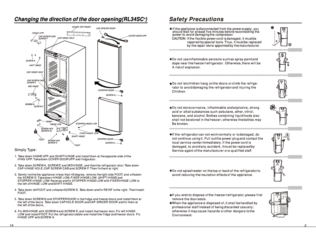 Samsung RL34SG, RL34EG, RL34EC manual Changing the direction of the door openingRL34SC, Safety Precautions 