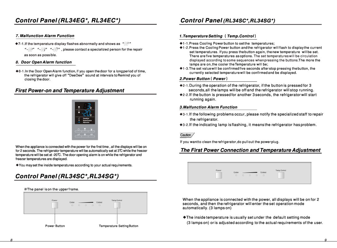 Samsung manual Control Panel RL34SC*,RL34SG, First Power-onand Temperature Adjustment, Control Panel RL34EG*, RL34EC 