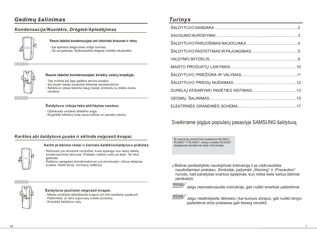 Samsung RL34ECMS1/BWT, RL34EGSW1/BWT, RL34ECSW1/BWT, RL34EGMS1/BWT, RL34ECVB1/XEO, RL34EGSW1/XEO Gedimų šalinimas, Turinys 