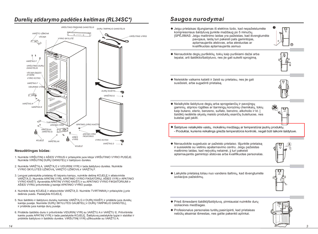 Samsung RL34ECVB1/XEO, RL34EGSW1/BWT manual Durelių atidarymo padėties keitimas RL34SC, Saugos nurodymai, Nesudėtingas būdas 