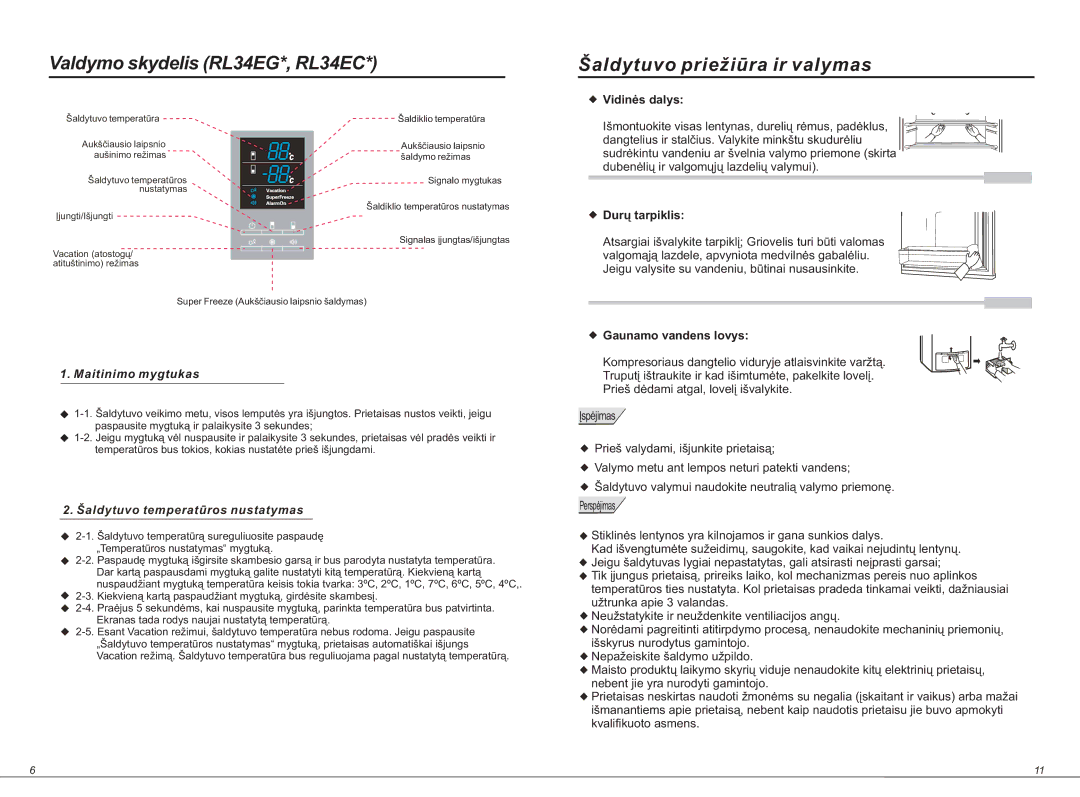 Samsung RL34ECSW1/XEO, RL34EGSW1/BWT Vidinės dalys, Durų tarpiklis, Maitinimo mygtukas, Šaldytuvo temperatūros nustatymas 