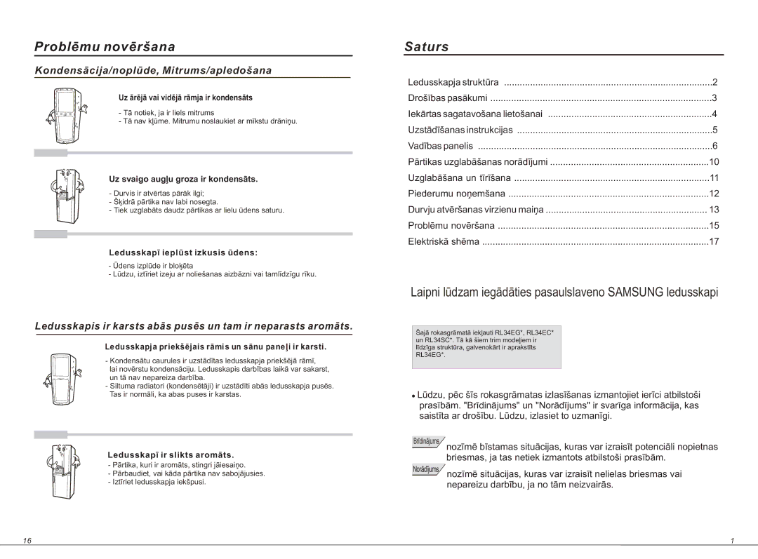 Samsung RL34ECMS1/BWT, RL34EGSW1/BWT, RL34ECSW1/BWT, RL34EGMS1/BWT, RL34ECVB1/XEO, RL34EGSW1/XEO Problēmu novēršana, Saturs 