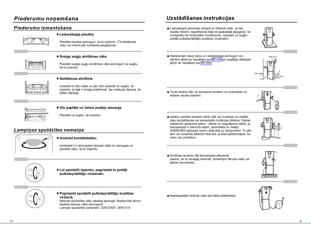 Samsung RL34ECVB1/BWT, RL34EGSW1/BWT, RL34ECSW1/BWT, RL34ECMS1/BWT manual Piederumu noņemšana, Uzstādīšanas instrukcijas 