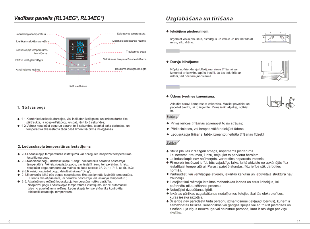 Samsung RL34ECSW1/XEO, RL34EGSW1/BWT, RL34ECSW1/BWT, RL34ECMS1/BWT Vadības panelis RL34EG*, RL34EC Uzglabāšana un tīrīšana 