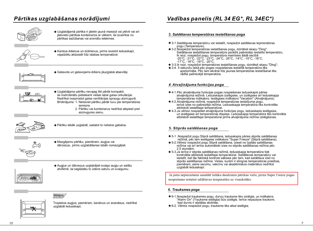 Samsung RL34EGSW1/BWT, RL34ECSW1/BWT, RL34ECMS1/BWT Pārtikas uzglabāšanas norādījumi, Vadības panelis RL 34 EG*, RL 34EC 