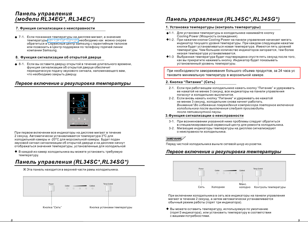 Samsung RL34ECSW1/BWT, RL34EGSW1/BWT manual Ïàíåëü óïðàâëåíèÿ ìîäåëè RL34EG*, RL34EC, Ïàíåëü óïðàâëåíèÿ RL34SC*,RL34SG 