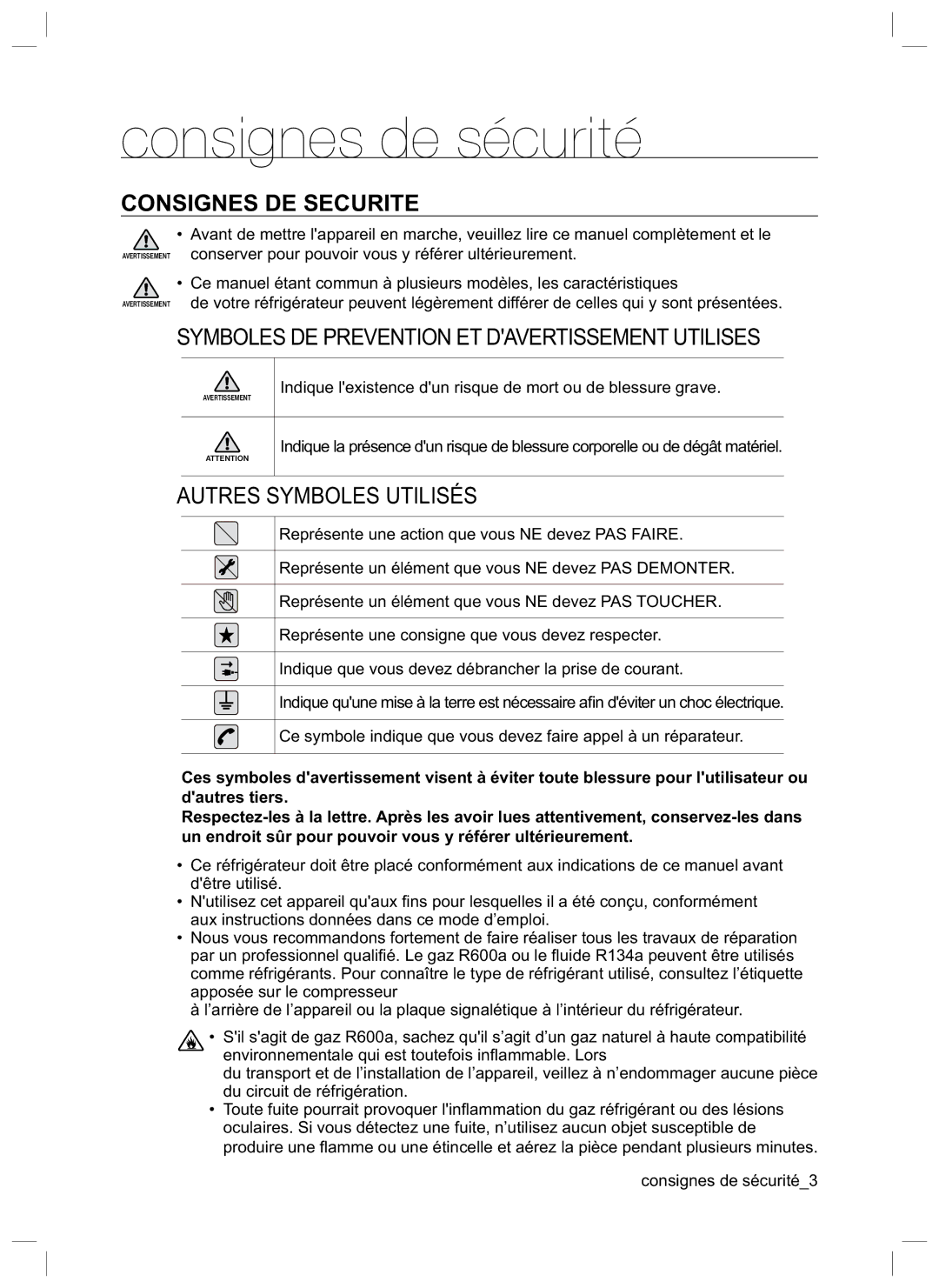 Samsung RL34LCMG1/XEG, RL34EGSW1/XEG, RL34SCSW1/XEG, RL34LGMG1/XEG manual Consignes de sécurité, Consignes DE Securite 