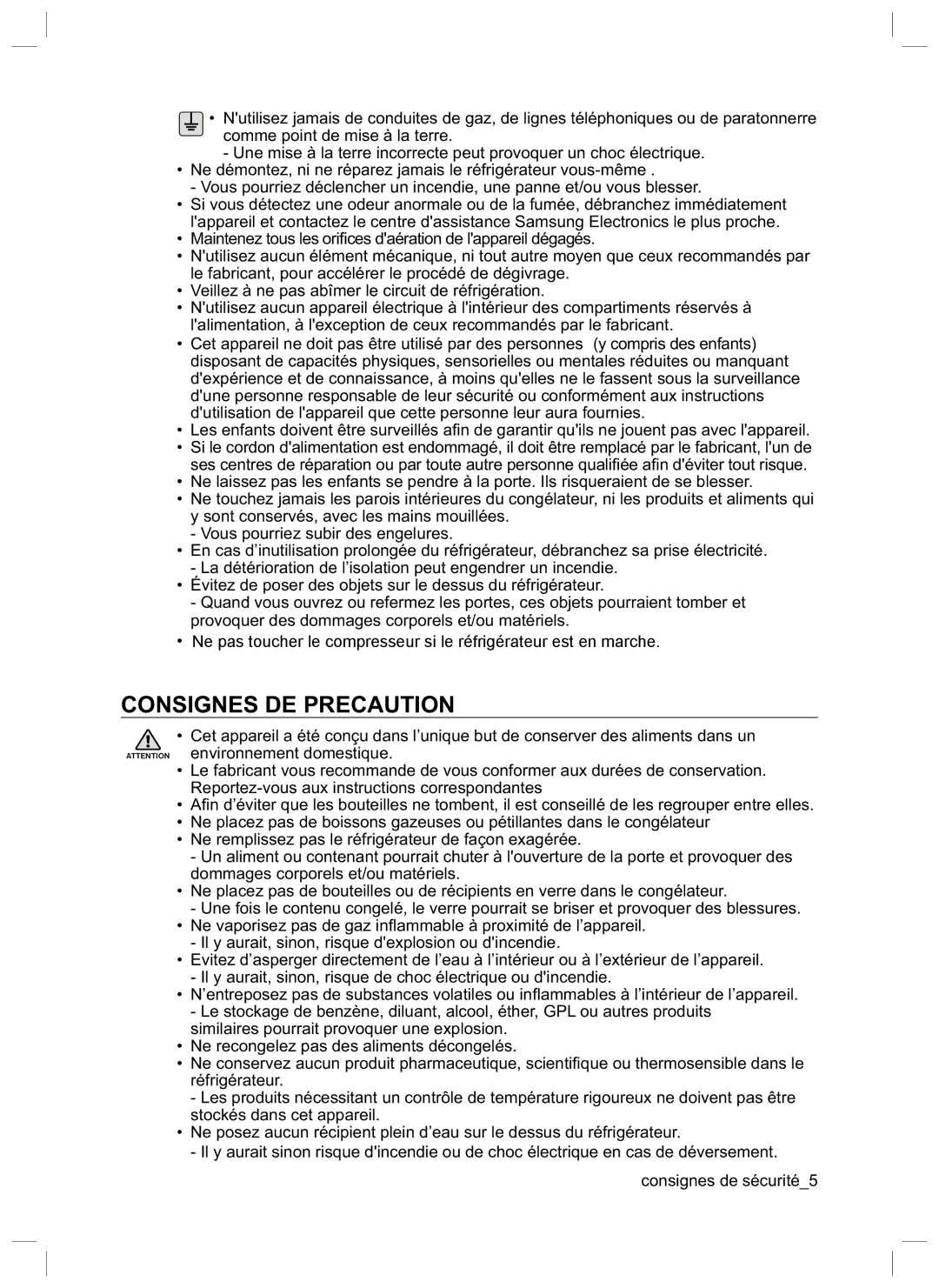 Samsung RL34EGPS1/XEG, RL34EGSW1/XEG, RL34SCSW1/XEG, RL34LGMG1/XEG, RL34LCMG1/XEG, RL34HGMG1/XEG manual Consignes DE Precaution 