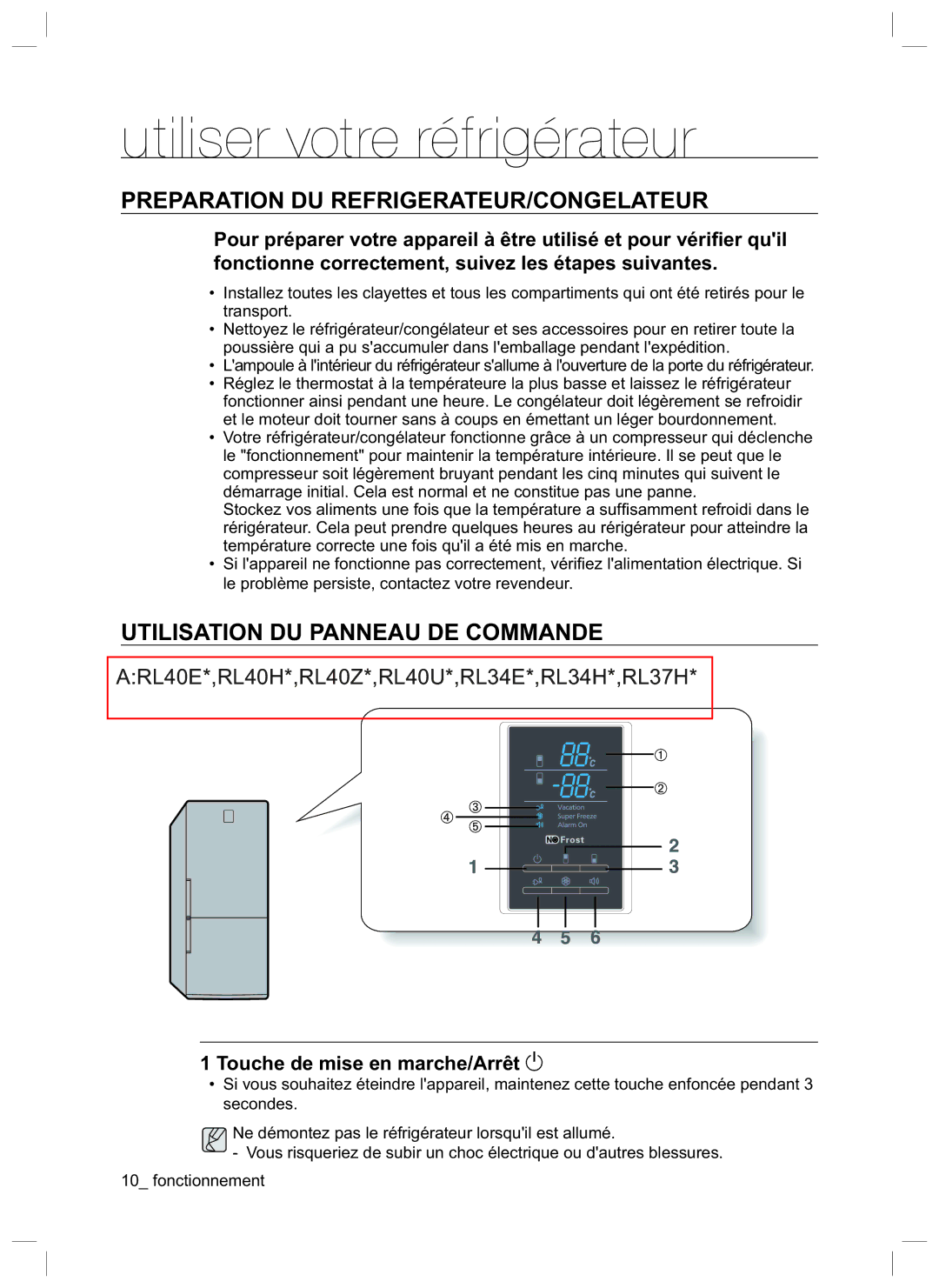 Samsung RL34HGPS1/XEG manual Preparation DU REFRIGERATEUR/CONGELATEUR, Utilisation DU Panneau DE Commande 