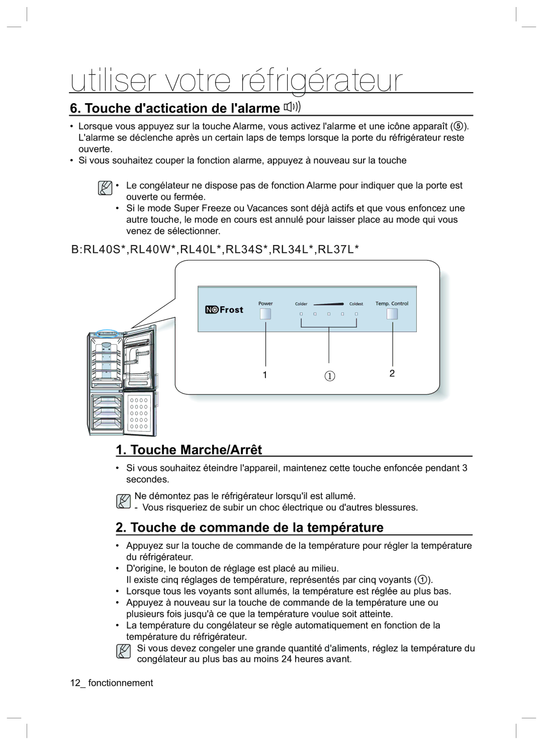 Samsung RL34HGPS1/XEG manual Touche dactication de lalarme, Touche Marche/Arrêt, Touche de commande de la température 