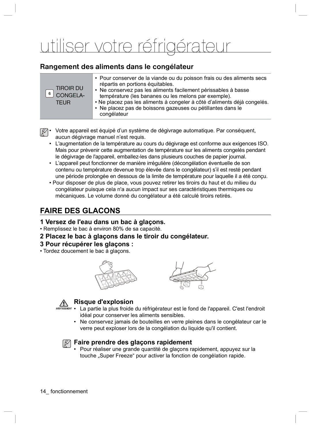 Samsung RL34HGPS1/XEG Rangement des aliments dans le congélateur, Faire DES Glacons, Versez de leau dans un bac à glaçons 