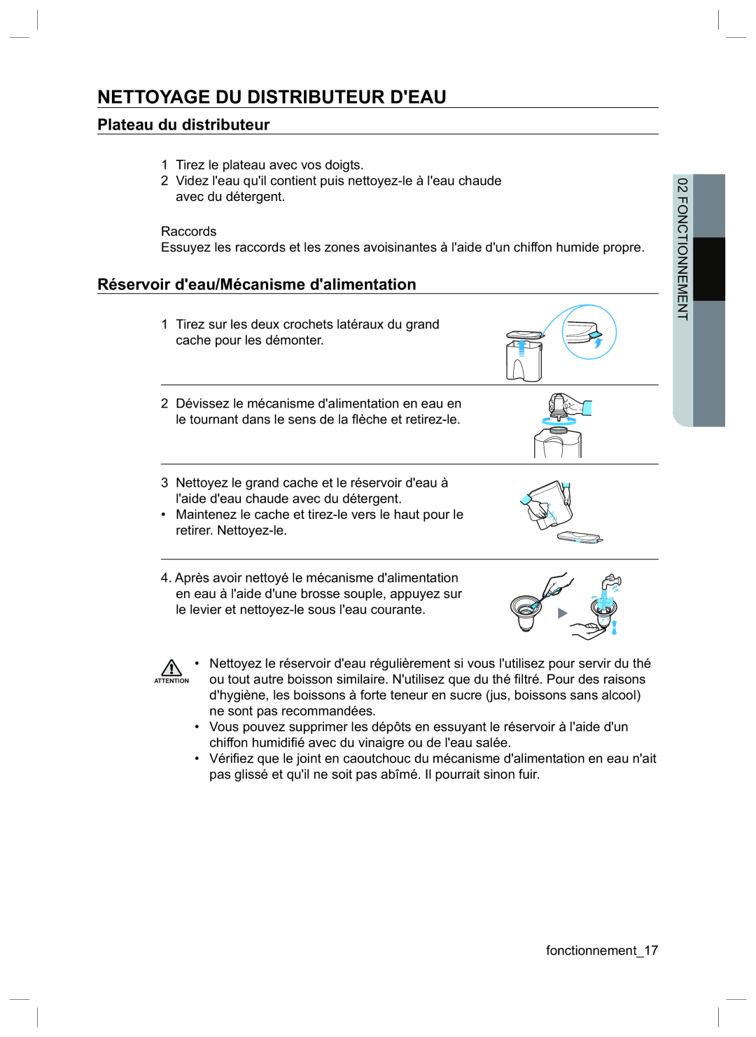 Samsung RL34HGPS1/XEG Nettoyage DU Distributeur Deau, Plateau du distributeur, Réservoir deau/Mécanisme dalimentation 