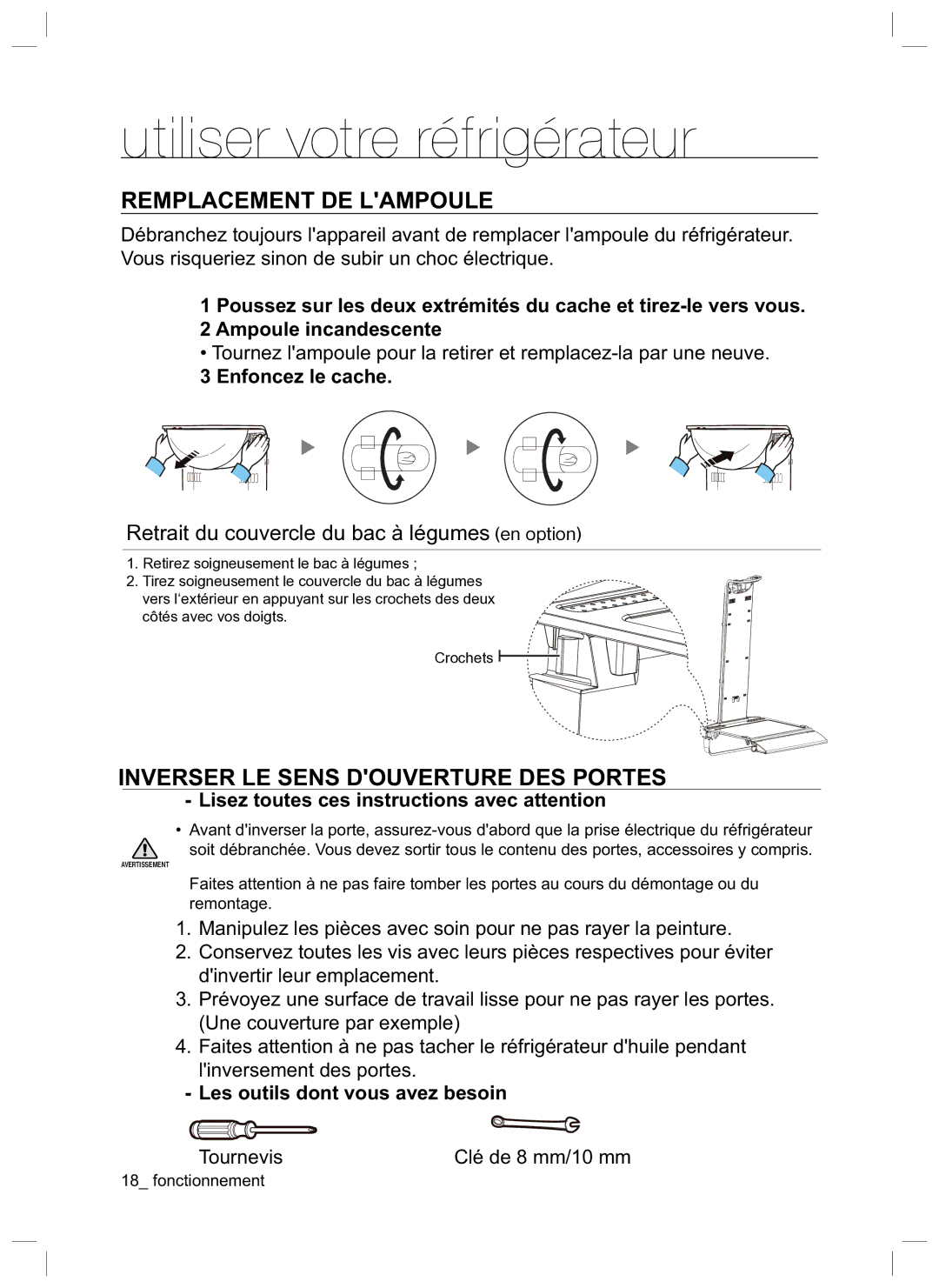 Samsung RL34HGPS1/XEG manual Remplacement DE Lampoule, Inverser LE Sens Douverture DES Portes, Enfoncez le cache 