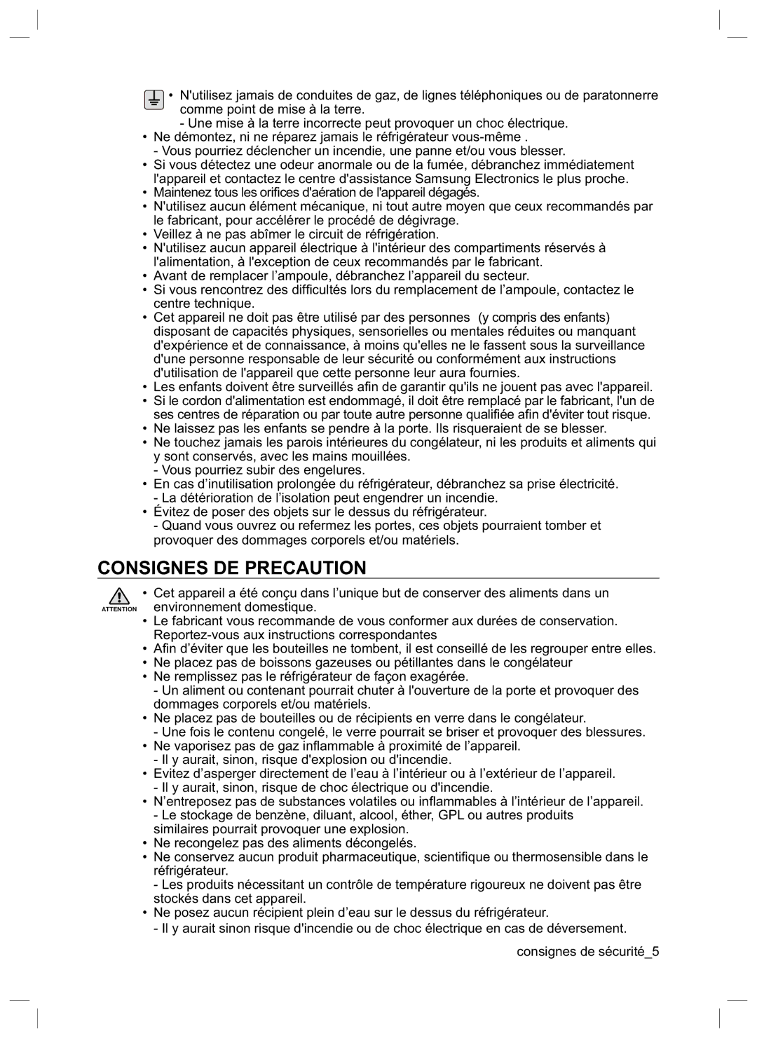 Samsung RL34HGPS1/XEG manual Consignes DE Precaution 