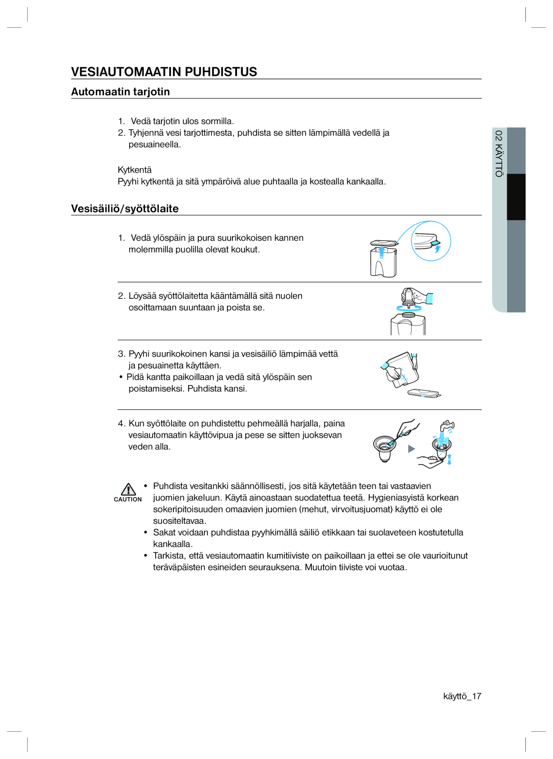 Samsung RL40EGSW1/XEE, RL34HGSW1/XEE, RL34LCSW1/XEE Vesiautomaatin Puhdistus, Automaatin tarjotin, Vesisäiliö/syöttölaite 