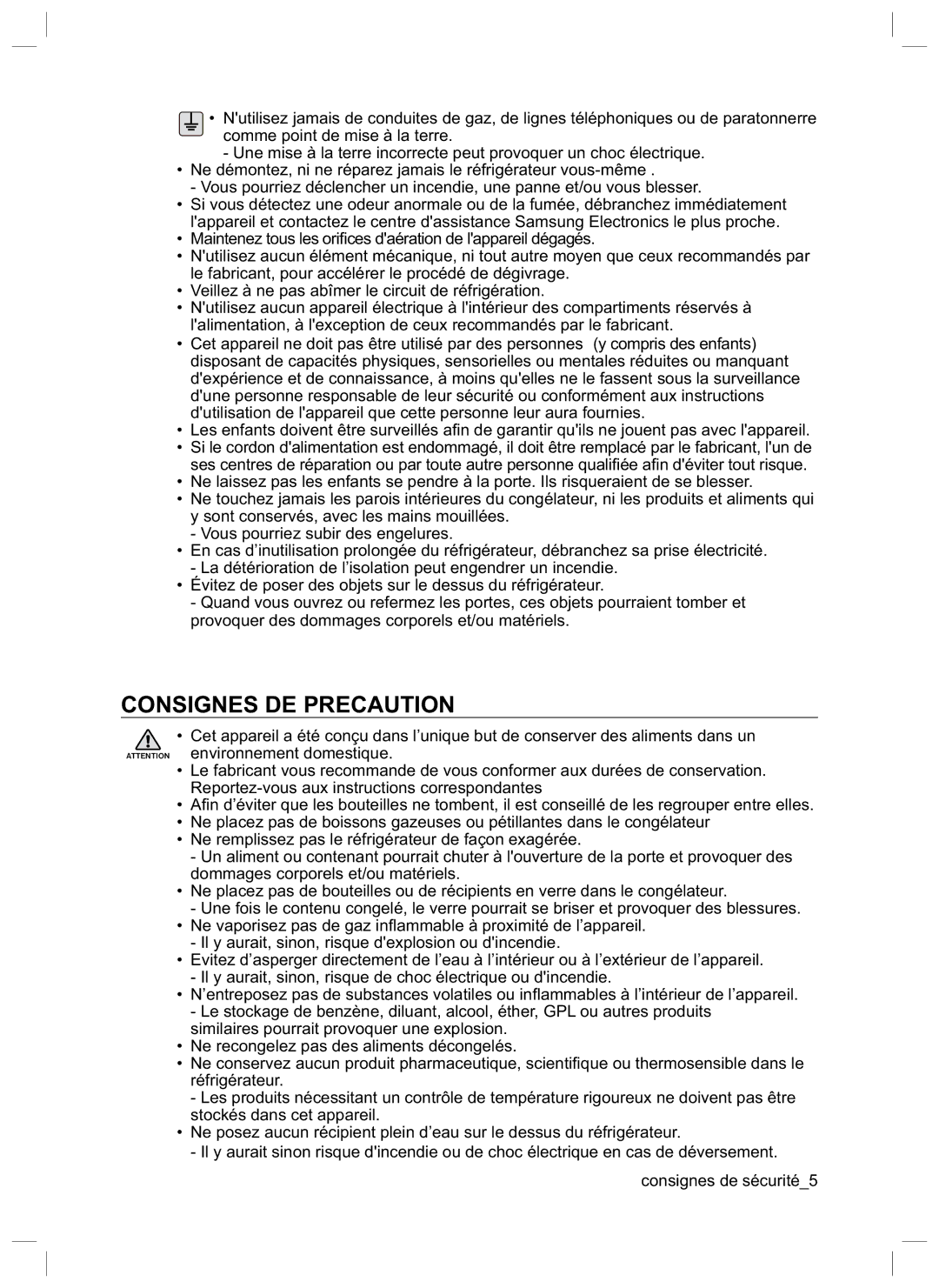 Samsung RL40HGIH1/XEG, RL34HGSW1/XEG, RL40HGSW1/XEG, RL40EGPS1/XEG, RL34LCSW1/XEG, RL40WGPS1/XEG manual Consignes DE Precaution 