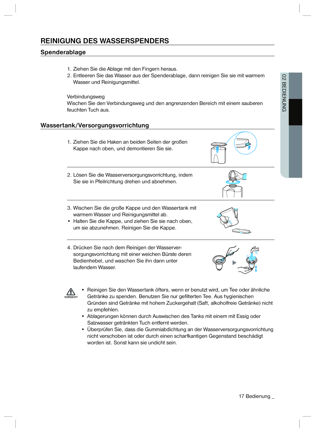 Samsung RL40HGSW1/XEG, RL34LCPS1/XEG manual Reinigung DES Wasserspenders, Spenderablage, Wassertank/Versorgungsvorrichtung 