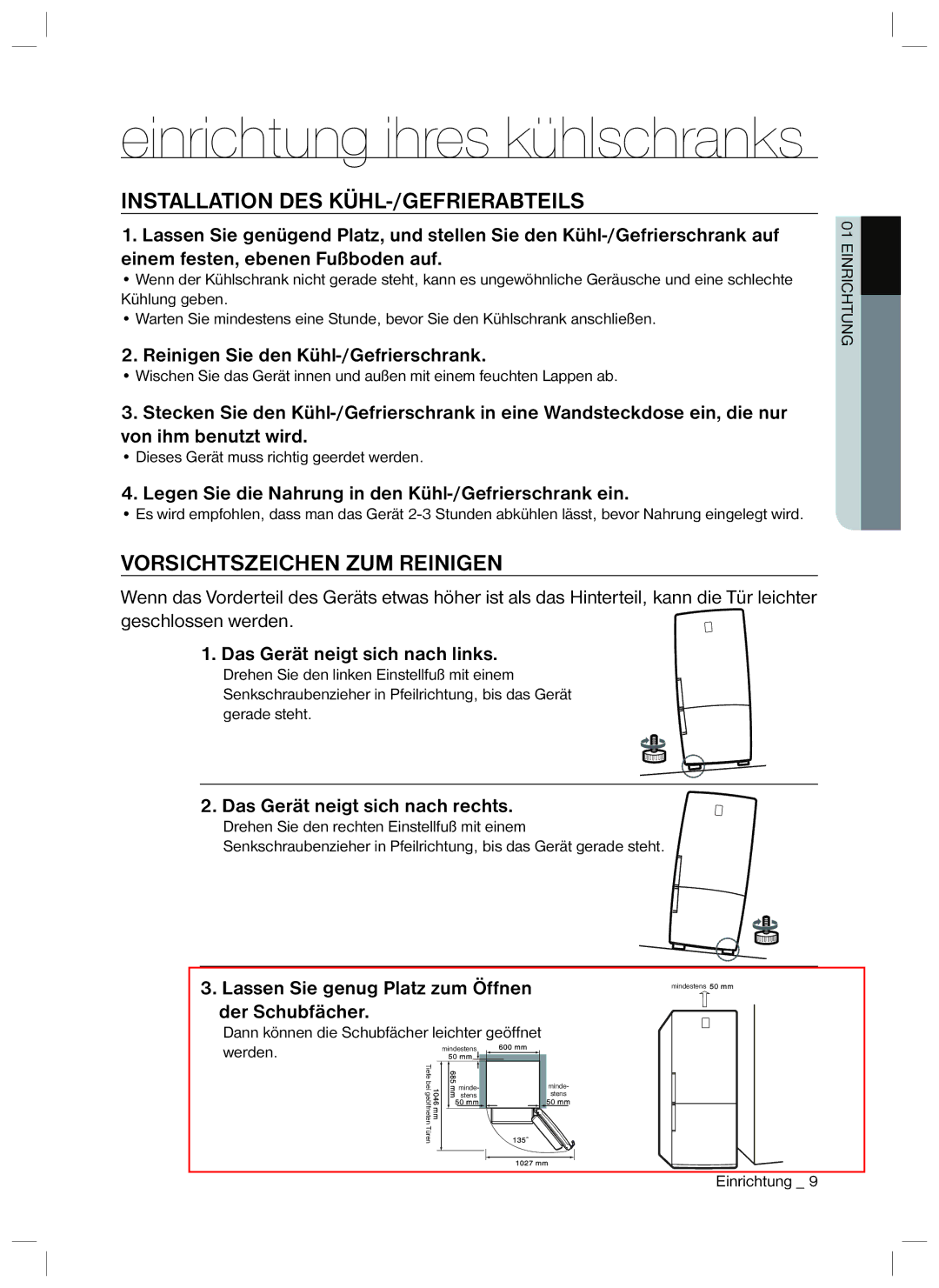 Samsung RL40HGPS1/XEG, RL34LCPS1/XEG, RL40HDPS1/XEG, RL40UGVG1/XEG, RL40HGSW1/EUR manual Installation DES KÜHL-/GEFRIERABTEILS 