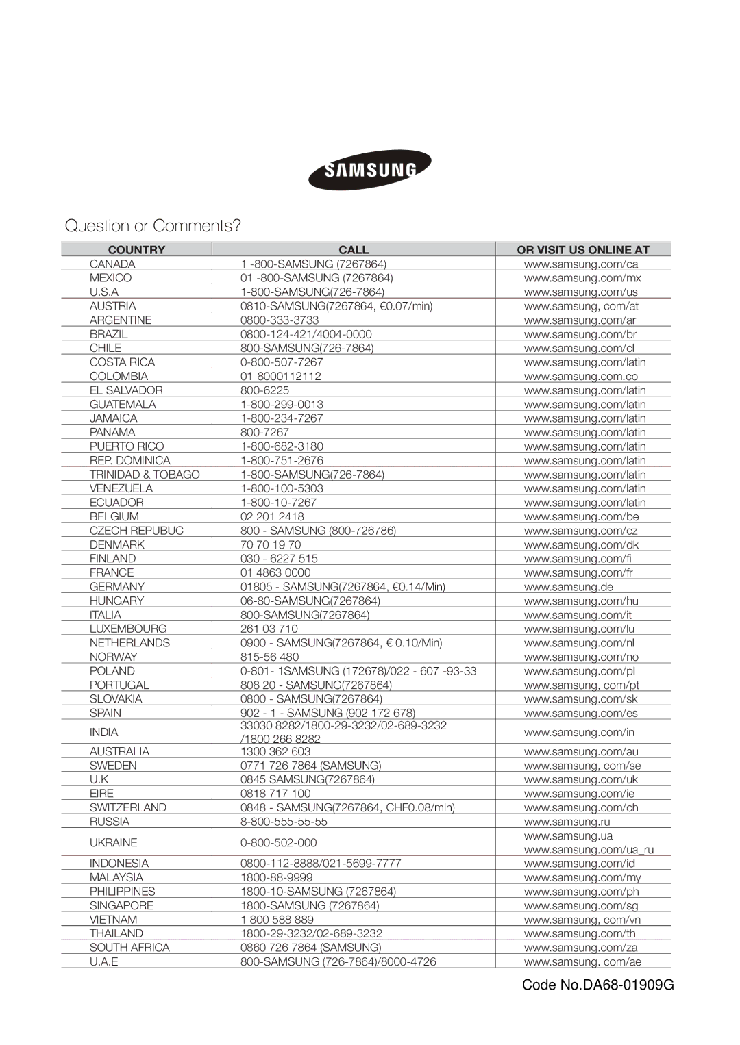 Samsung RL37HGPS1/XEG, RL34LCPS1/XEG, RL40HGIH1/XEO, RL40HGIH1/EUR, RL34HGSW1/XEG, RL40HGSW1/XEG manual Code No.DA68-01909G 