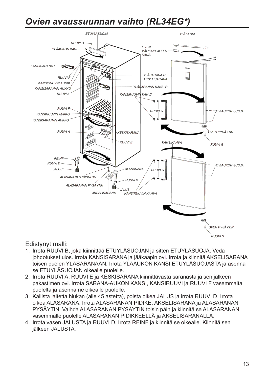 Samsung RL34SCSW1/XEE, RL34SCPS1/XEE, RL34EGSW1/XEE manual Ovien avaussuunnan vaihto RL34EG, Edistynyt malli 