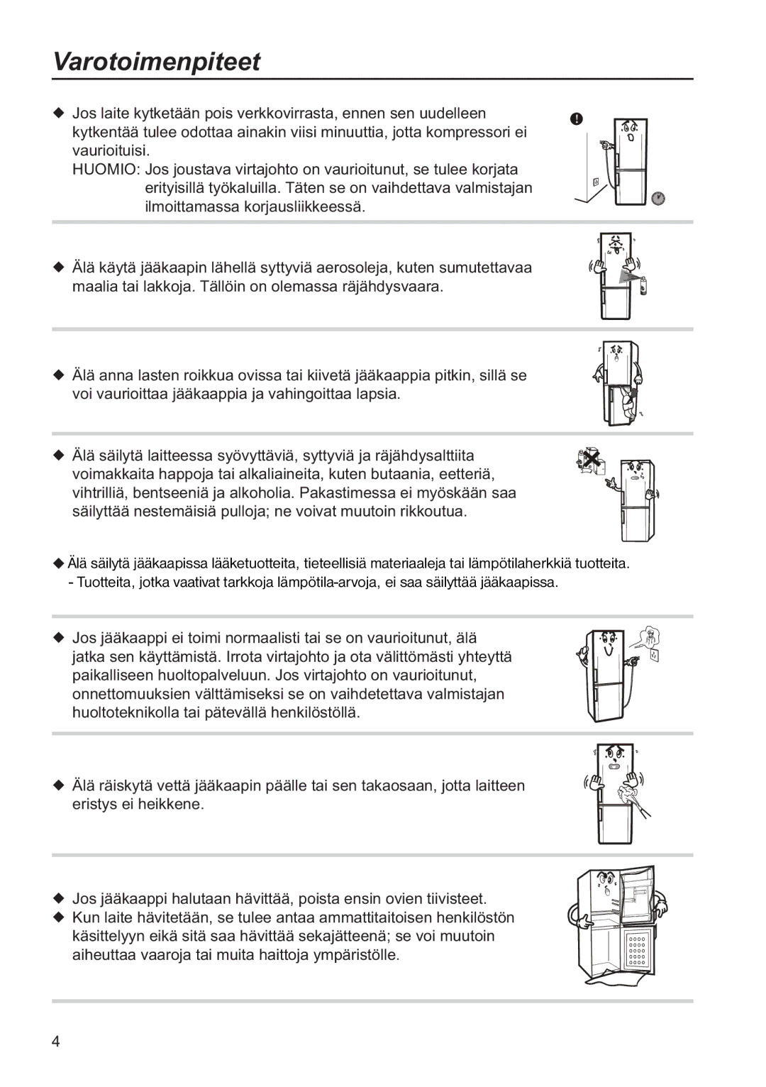 Samsung RL34SCSW1/XEE, RL34SCPS1/XEE, RL34EGSW1/XEE manual Varotoimenpiteet 