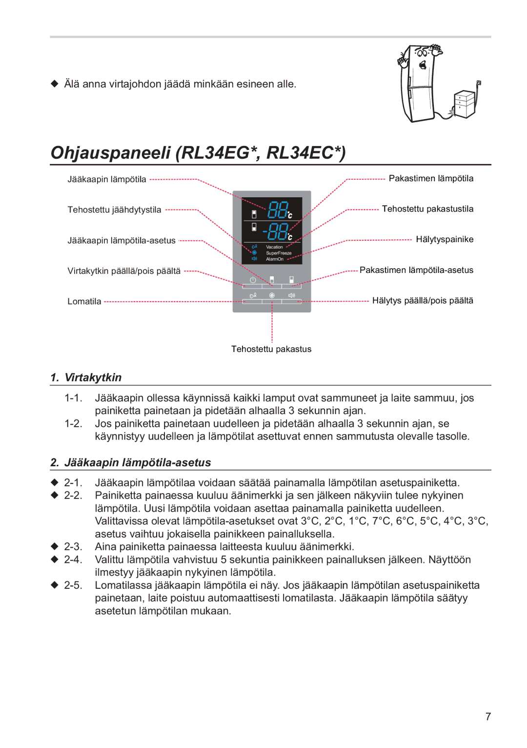 Samsung RL34SCSW1/XEE, RL34SCPS1/XEE, RL34EGSW1/XEE manual Ohjauspaneeli RL34EG*, RL34EC, Virtakytkin 