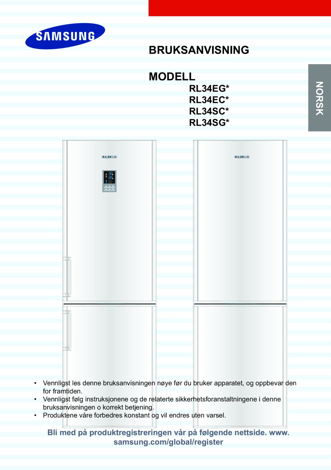 Samsung RL34SCSW1/XEE, RL34SCPS1/XEE, RL34EGSW1/XEE manual Bruksanvisning Modell 