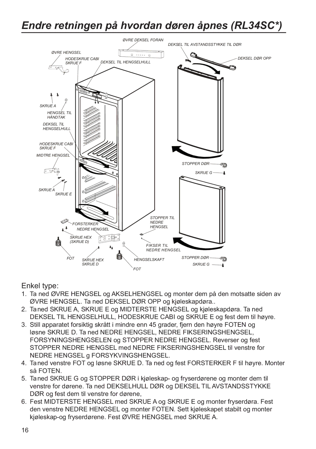 Samsung RL34SCSW1/XEE, RL34SCPS1/XEE, RL34EGSW1/XEE manual Endre retningen på hvordan døren åpnes RL34SC, Enkel type 