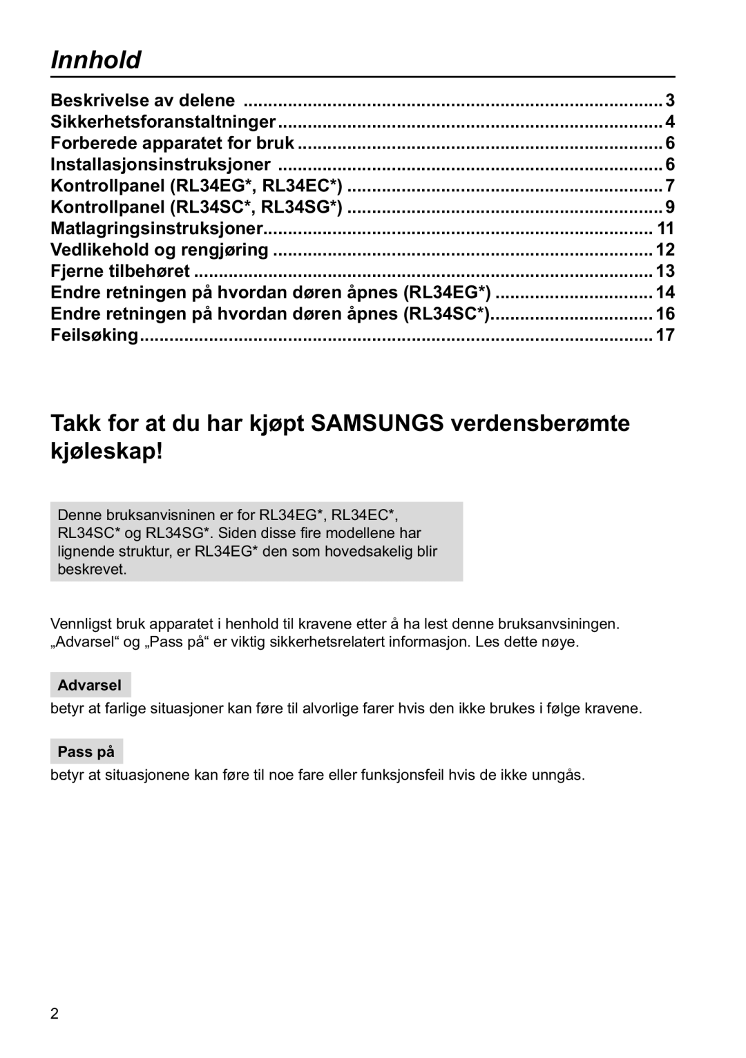 Samsung RL34EGSW1/XEE, RL34SCPS1/XEE, RL34SCSW1/XEE manual Innhold, Pass på 