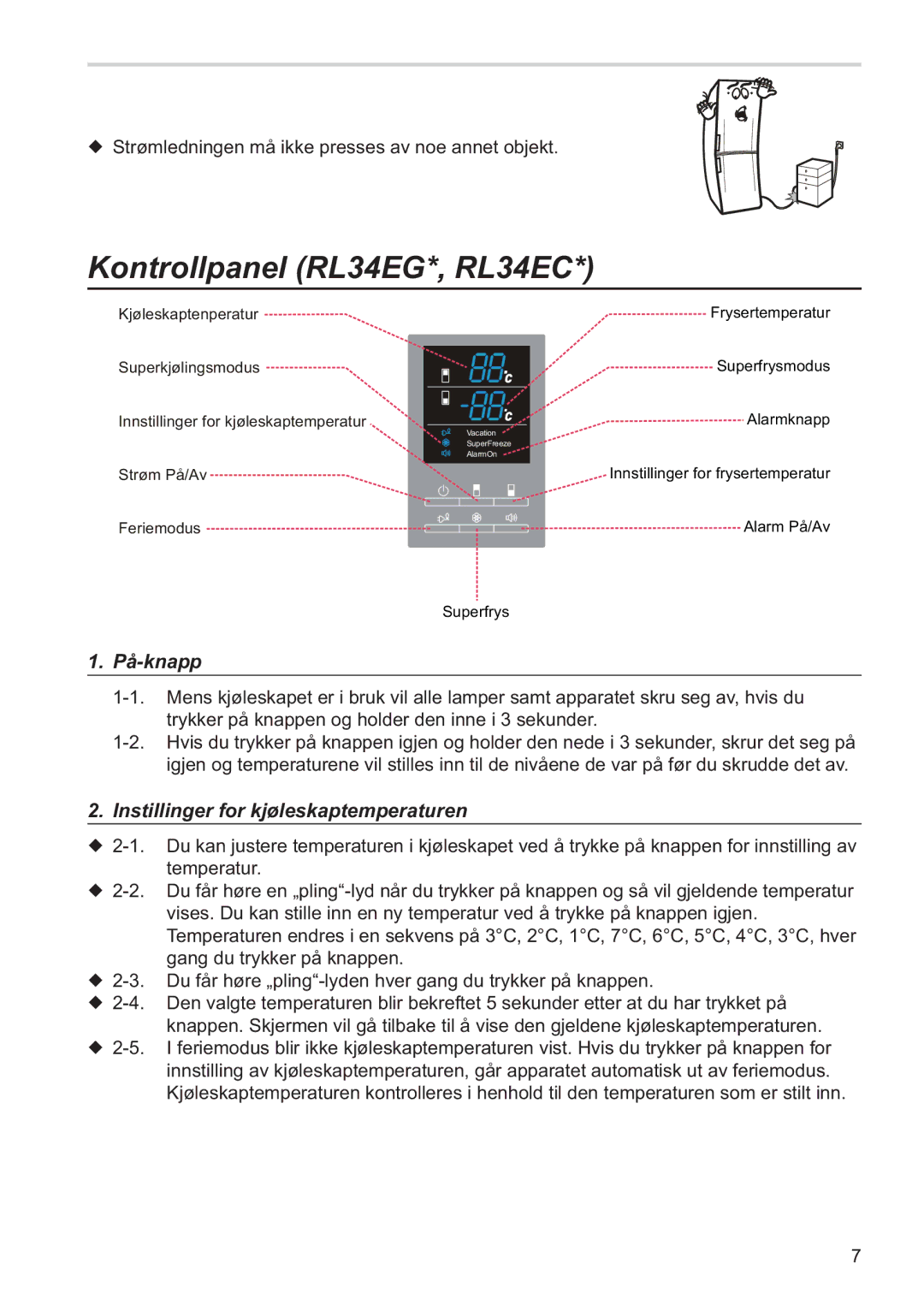 Samsung RL34SCSW1/XEE, RL34SCPS1/XEE, RL34EGSW1/XEE manual Kontrollpanel RL34EG*, RL34EC, På-knapp 