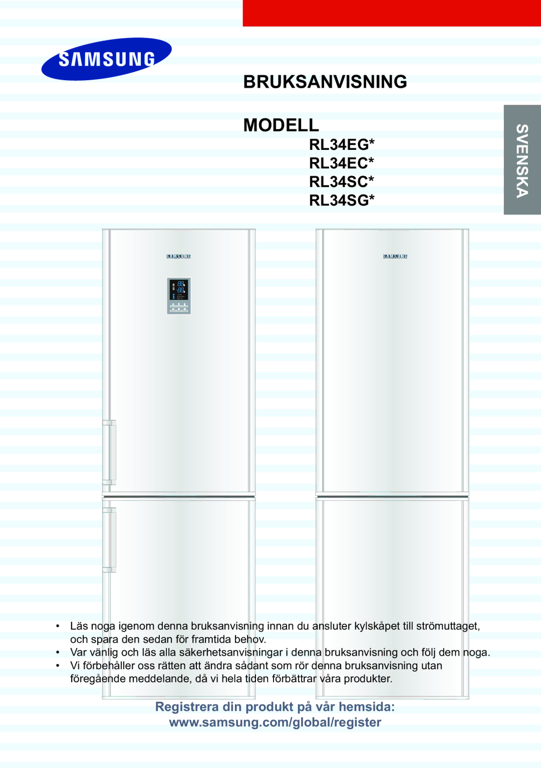 Samsung RL34SCSW1/XEE, RL34SCPS1/XEE, RL34EGSW1/XEE manual Bruksanvisning Modell 