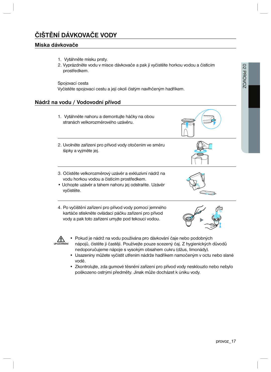 Samsung RL34HGPS1/XEO, RL34SCPS1/XEO manual Čištění Dávkovače Vody, Miska dávkovače, Nádrž na vodu / Vodovodní přívod 